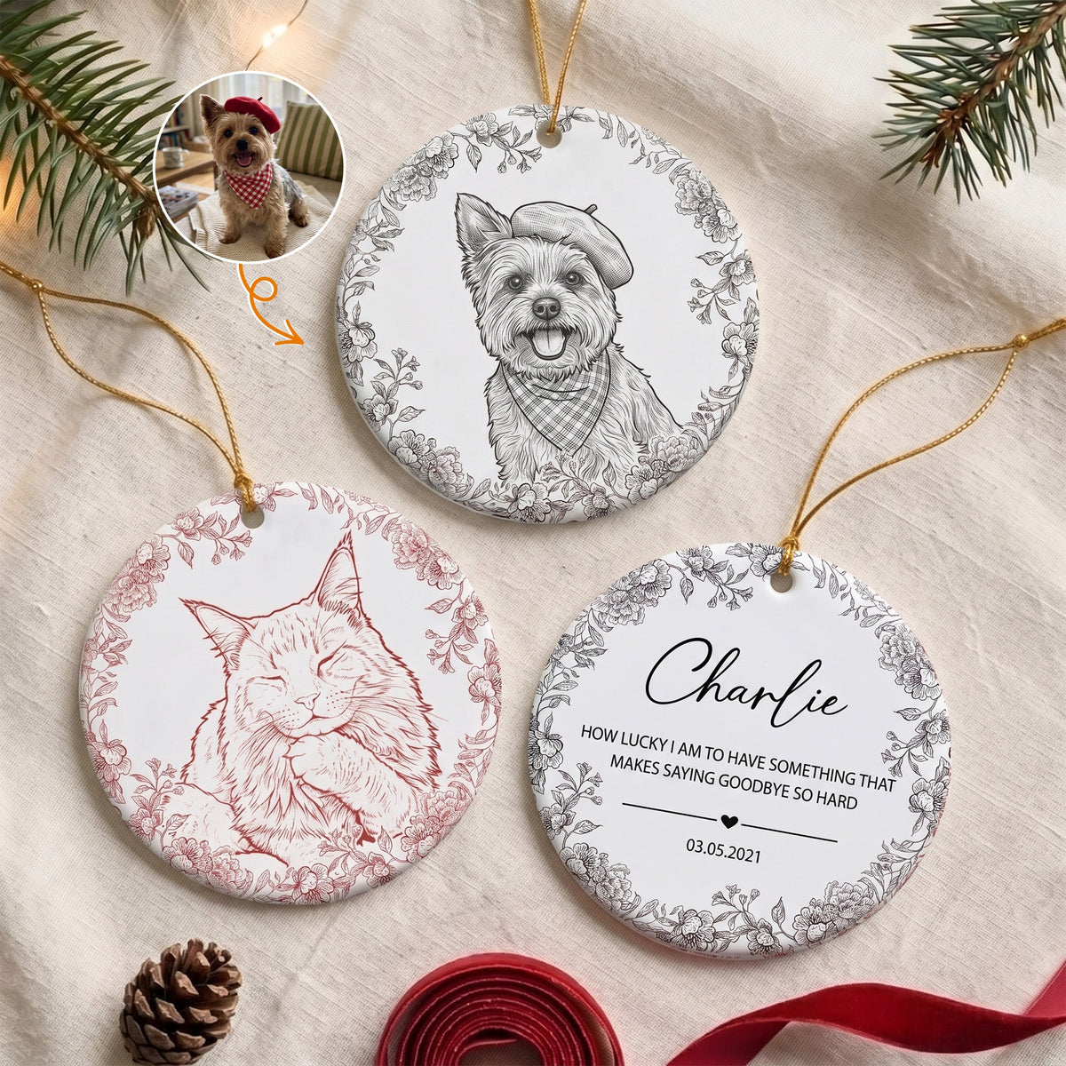 Custom Pet Portrait Sketch Line Art Memorial Christmas Gifts - Personalized Ornament