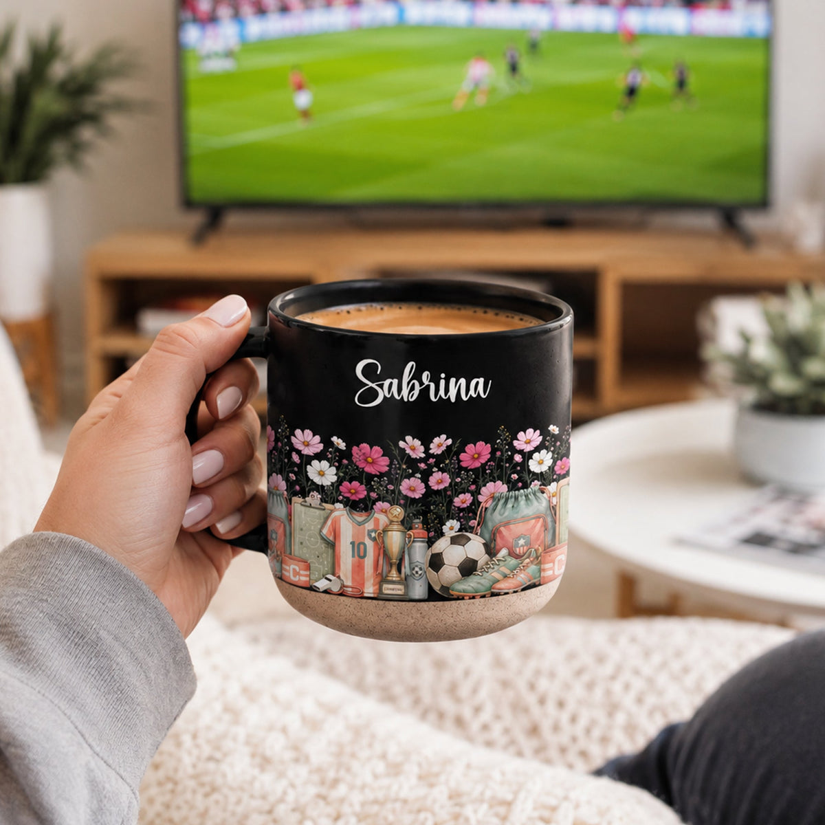 Custom Birth Flower & Name Pottery Mug - Gift For Soccer Lovers Soccer Fans - Personalized Mug