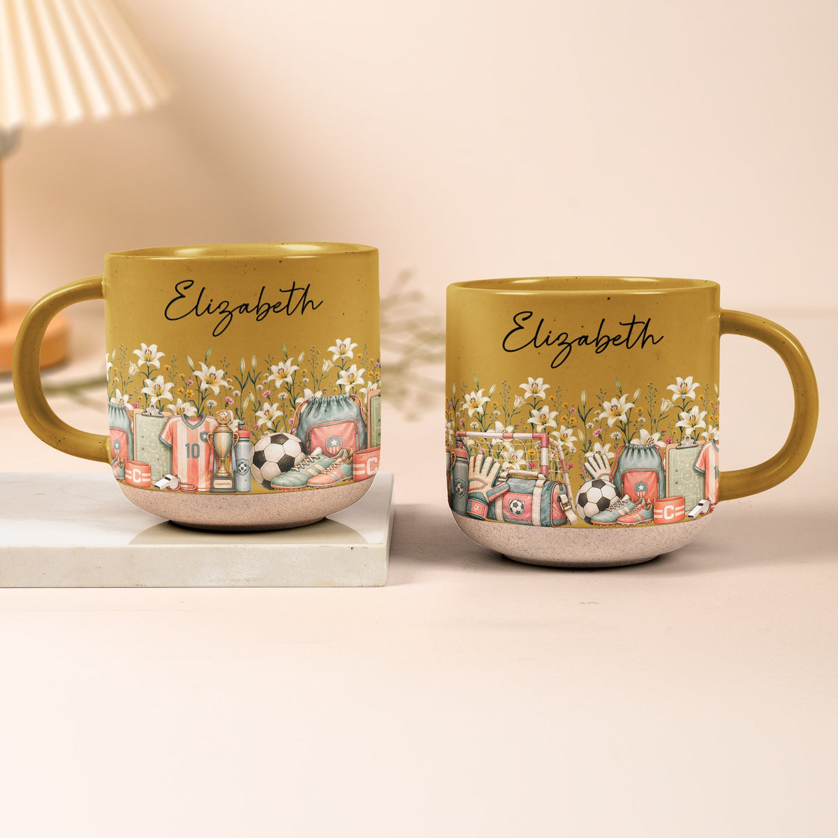 Custom Birth Flower & Name Pottery Mug - Gift For Soccer Lovers Soccer Fans - Personalized Mug