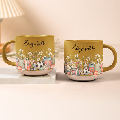 Custom Birth Flower & Name Pottery Mug - Gift For Soccer Lovers Soccer Fans - Personalized Mug