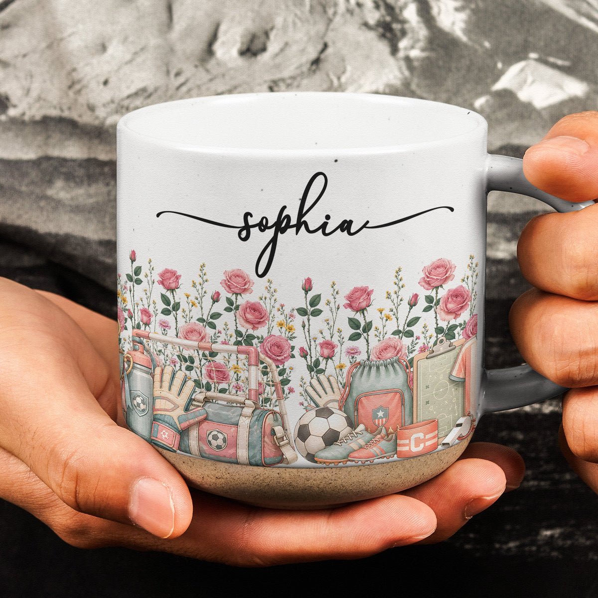 Custom Birth Flower & Name Pottery Mug - Gift For Soccer Lovers Soccer Fans - Personalized Mug