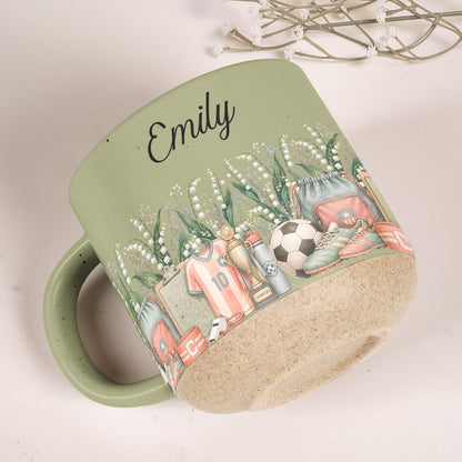 Custom Birth Flower & Name Pottery Mug - Gift For Soccer Lovers Soccer Fans - Personalized Mug