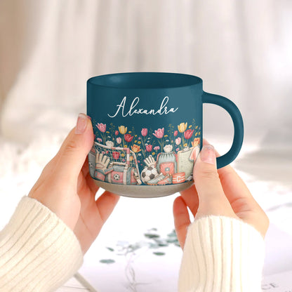 Custom Birth Flower & Name Pottery Mug - Gift For Soccer Lovers Soccer Fans - Personalized Mug